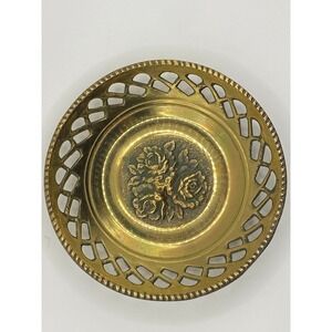 Vintage Brass Bowl Floral Embossed Pierced Edge Hand Made Korea Mid Century‎